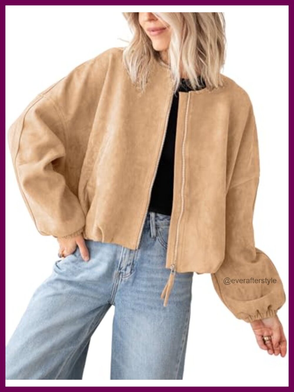 Faux Suede Bomber Jacket Cropped Zip Up Casual Coat